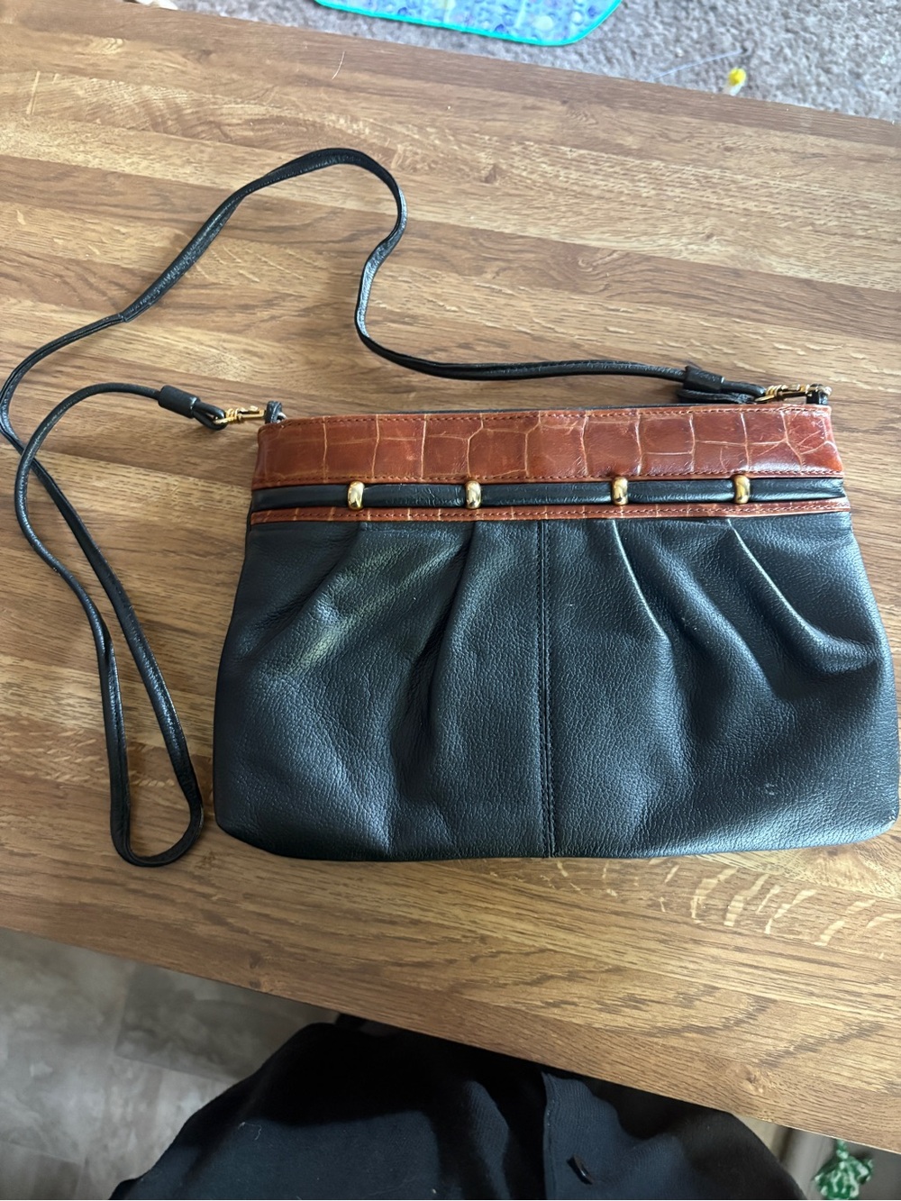 Vintage Black & Brown Leather Crossbody Bag with Gold Accents